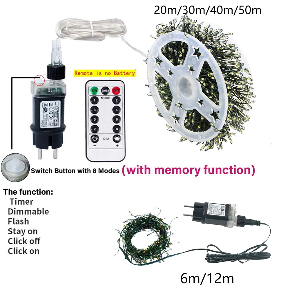 LED String Fairy Cluster Lights Green Wire Christmas Tree Lights Outdoor Garland New Year Street Home Party Wedding Decor Lamps