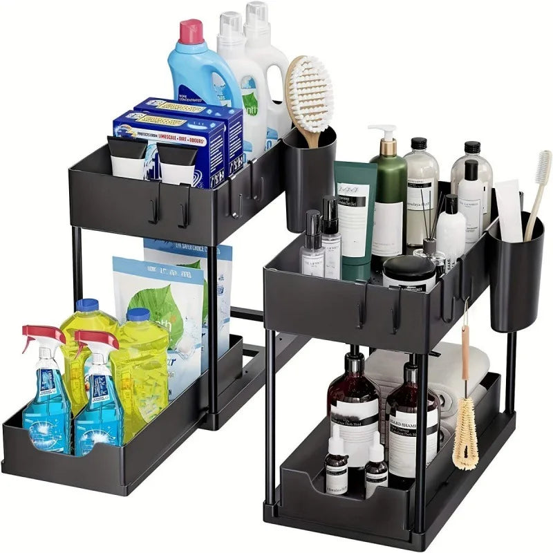 Pull-Out Cabinet Organizer | 2-Tier Bathroom & Kitchen Storage Rack | Large Capacity with Drainage Design