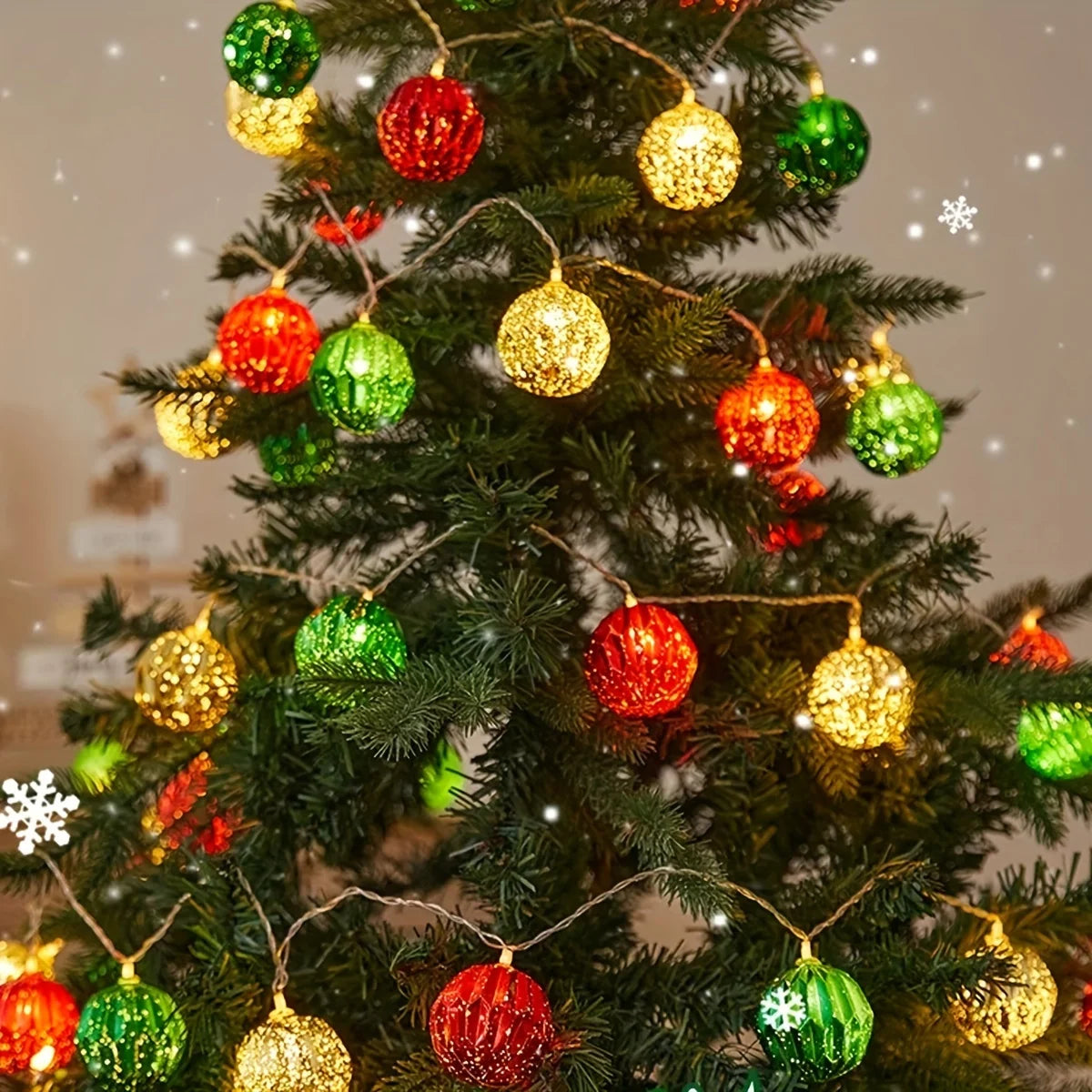 Vibrant Golden, Green & Red Christmas Ball String Lights - Festive LED Fairy Lights for Holiday Decor, Weddings, Parties