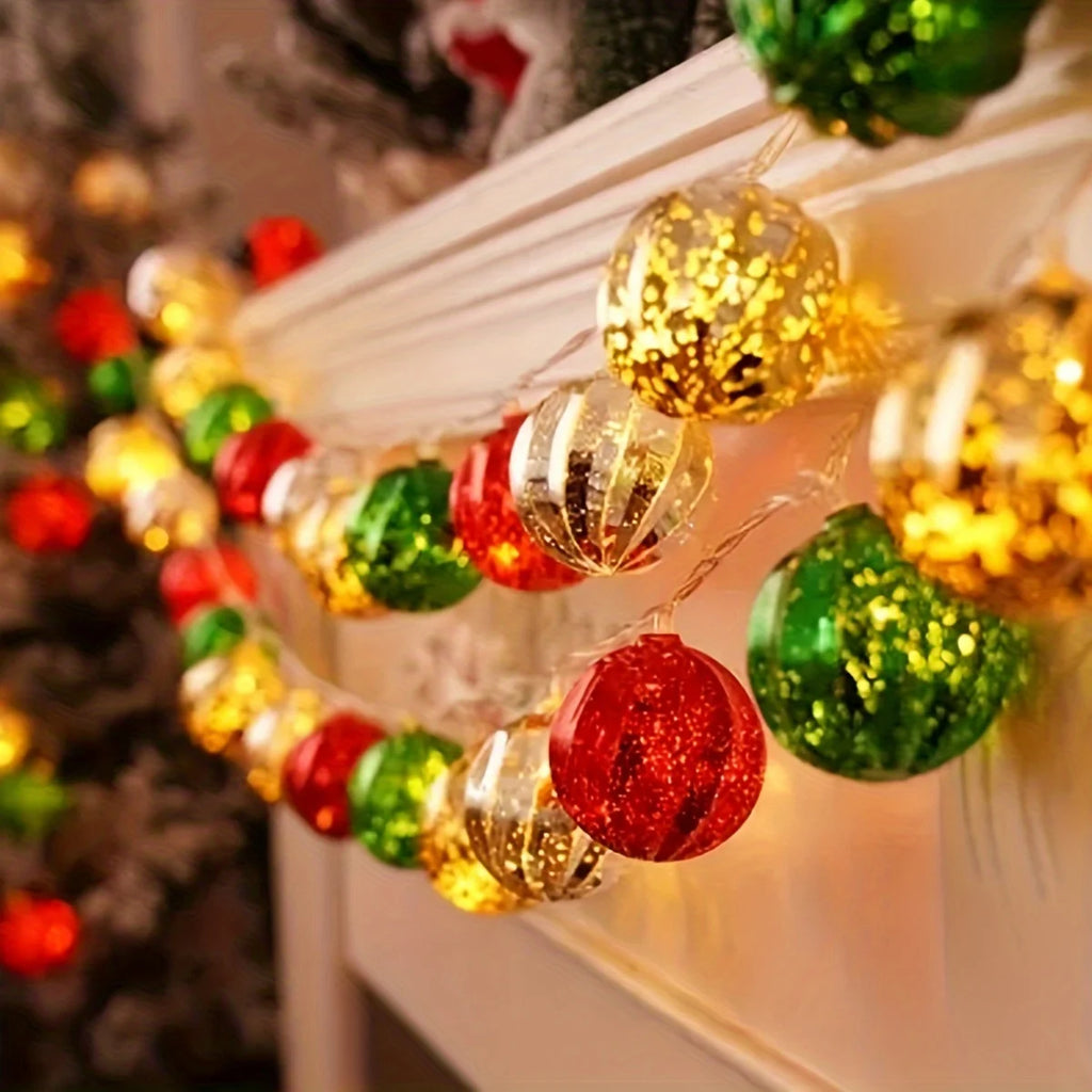Vibrant Golden, Green & Red Christmas Ball String Lights - Festive LED Fairy Lights for Holiday Decor, Weddings, Parties