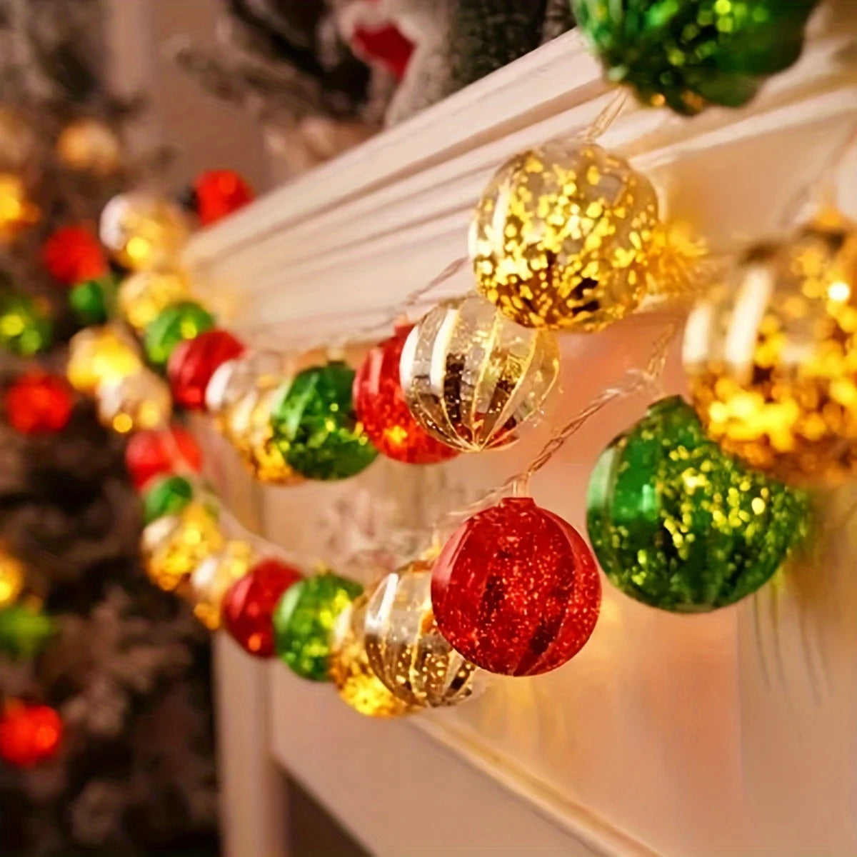 Vibrant Golden, Green & Red Christmas Ball String Lights - Festive LED Fairy Lights for Holiday Decor, Weddings, Parties