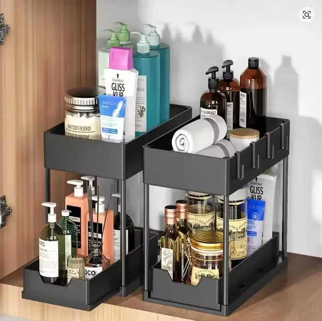 Pull-Out Cabinet Organizer | 2-Tier Bathroom & Kitchen Storage Rack | Large Capacity with Drainage Design
