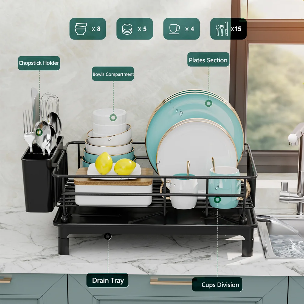 Multi-Functional Kitchen Organizer: Countertop & Cabinet Dish Rack + Utensil Drainer Storage with Stackable Design Storage Rack