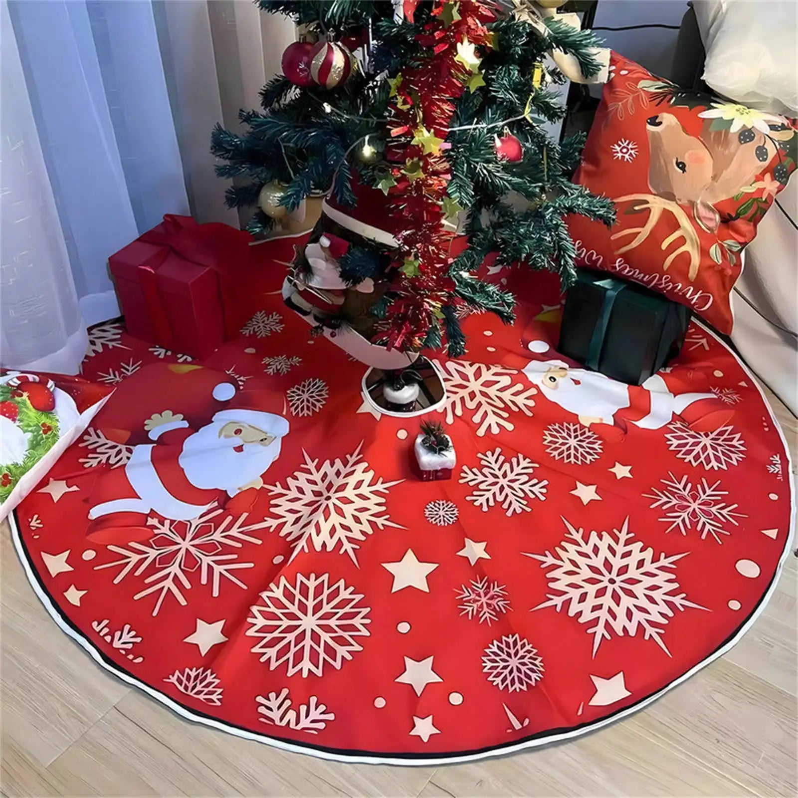 Christmas Tree Skirt Red Xmas Tree Ornaments For Soft Plush Christmas Tree Mat With Snowy Pattern For Decorations Holiday Party
