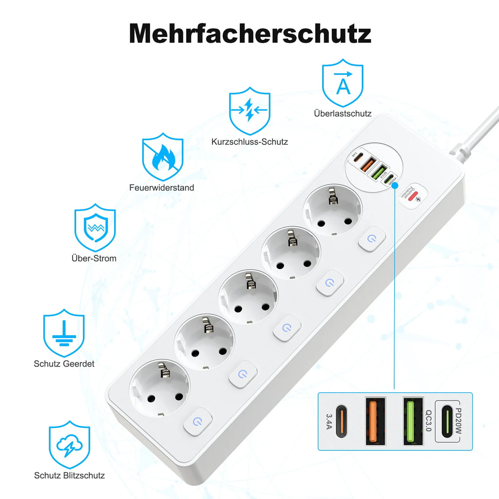 European plug Smart Power Strip with Multi USB Port Type-C, Independent Control Socket 2 meters Cable with Overload Protection