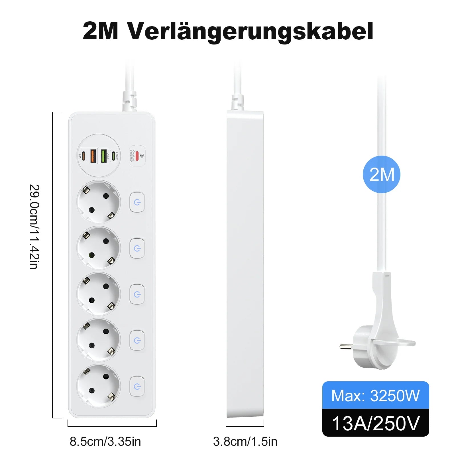 European plug Smart Power Strip with Multi USB Port Type-C, Independent Control Socket 2 meters Cable with Overload Protection