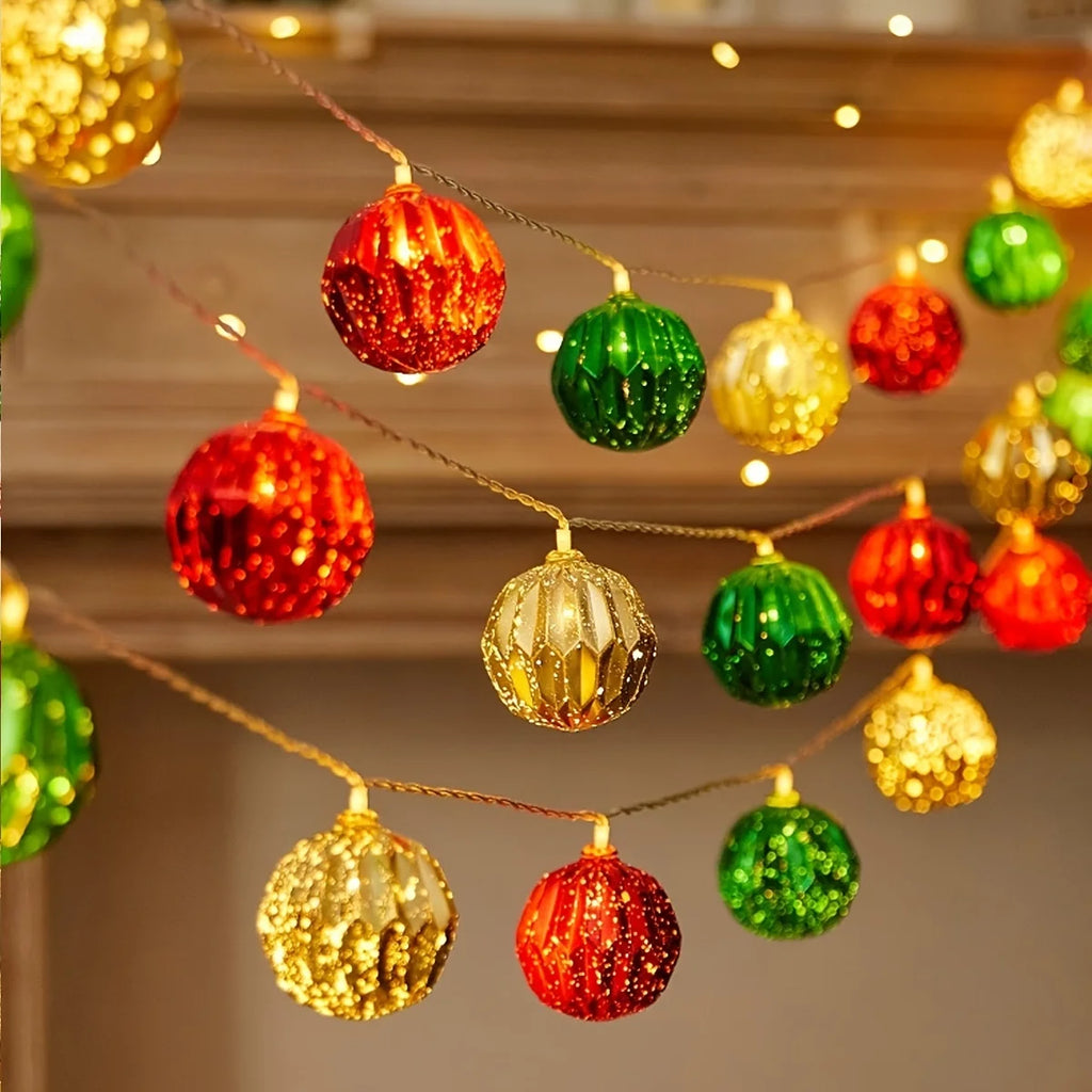 Vibrant Golden, Green & Red Christmas Ball String Lights - Festive LED Fairy Lights for Holiday Decor, Weddings, Parties