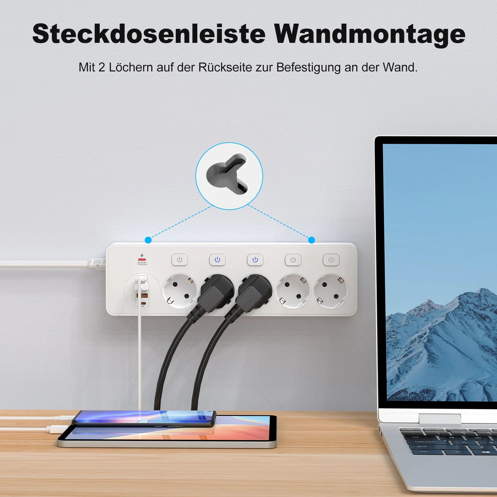 European plug Smart Power Strip with Multi USB Port Type-C, Independent Control Socket 2 meters Cable with Overload Protection