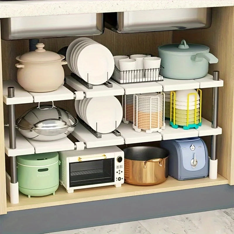 Kitchen Bathroom Cabinet Organizer Durable Multi-Layer Space-Saving Pot Holder Adjustable Under Sink Storage Rack Expandable